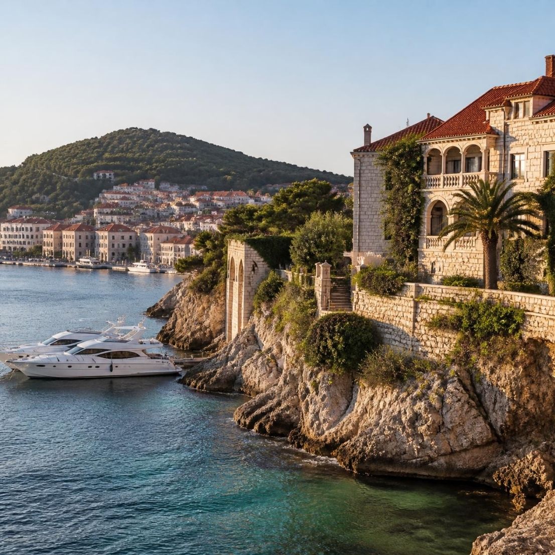 “Croatia Dalmatian Coast with luxury yacht, Adriatic Sea and historic waterfront villas.